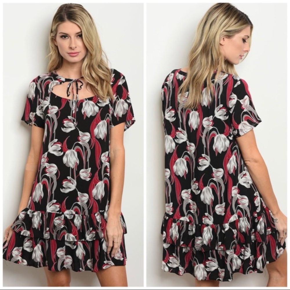Black White Red Floral linen Mini dress Tier Doll Medium Large Size 8 10